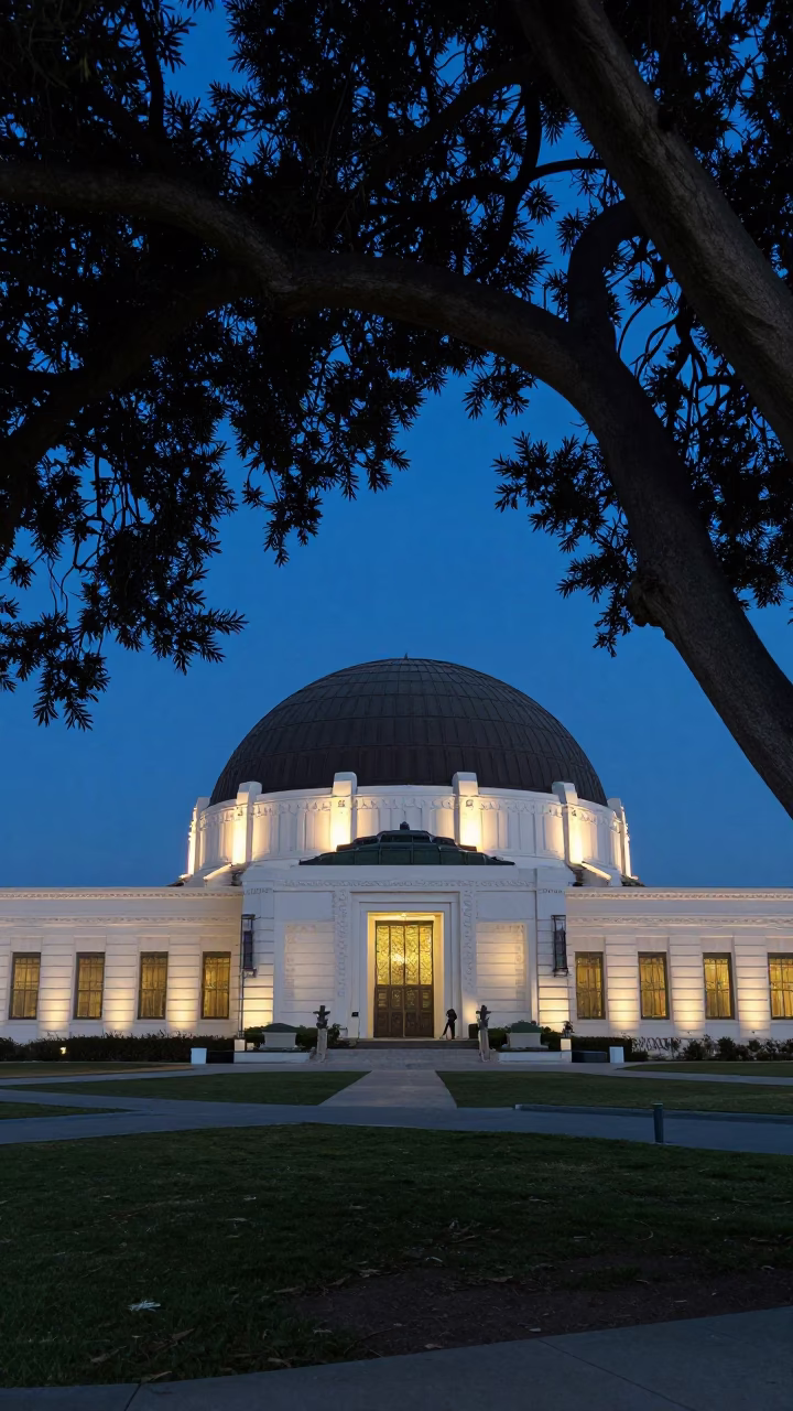 Griffith Observatory Dome And Parkland Copper Beech Tree in Los Angeles in in Los Angeles, California, United States