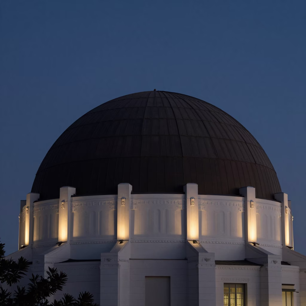 Griffith Observatory Dome Silhouetted Against Pre-Dawn Sky Above Sagebrush and City Lights in in Los Angeles, California, United States