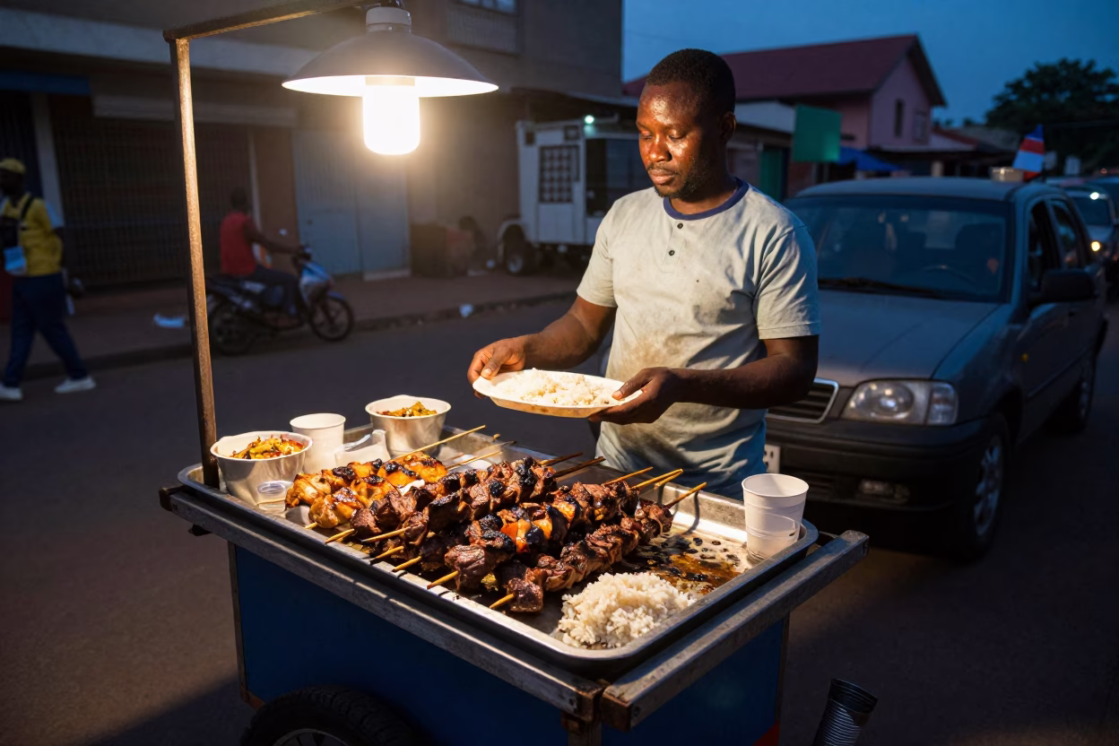 Grilled Anticuchos in Accra at Late At Night Light in in Accra, Ghana