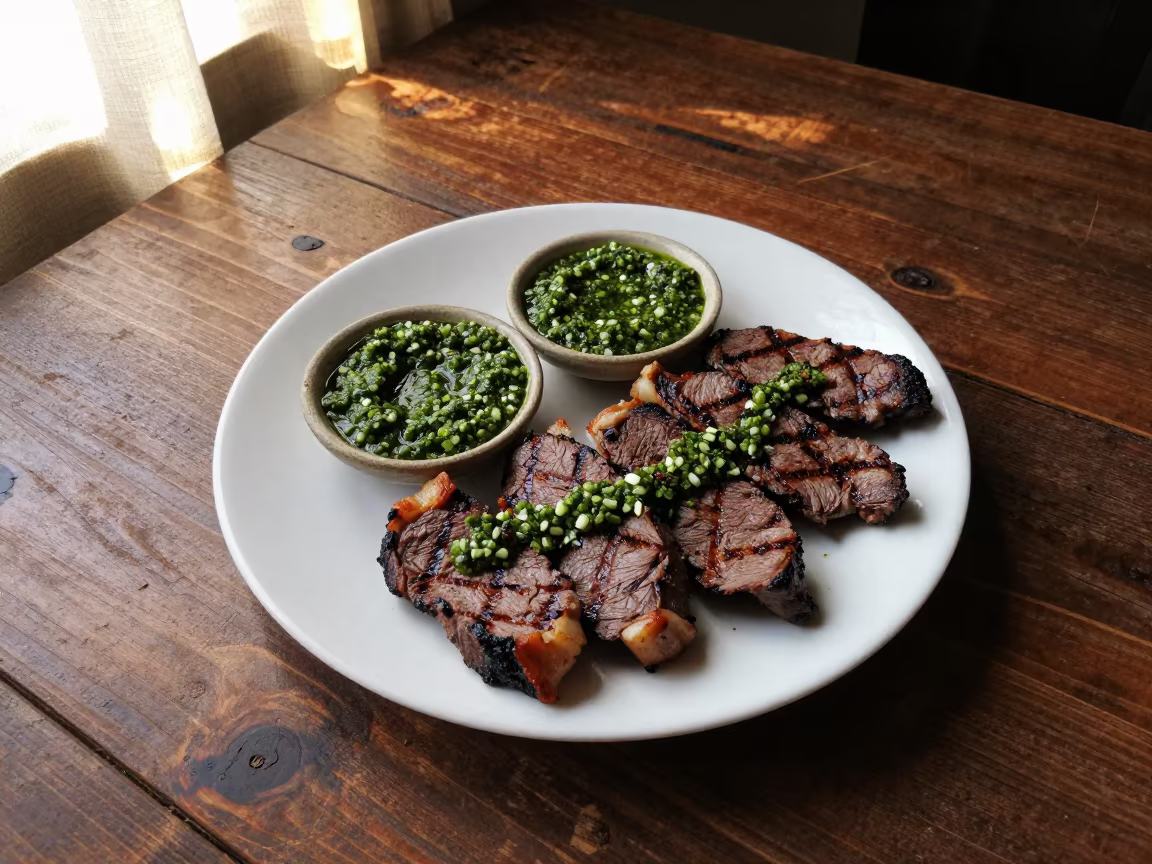 Grilled Churrasco with Chimichurri on Wood in on a rustic wooden table in Kilis