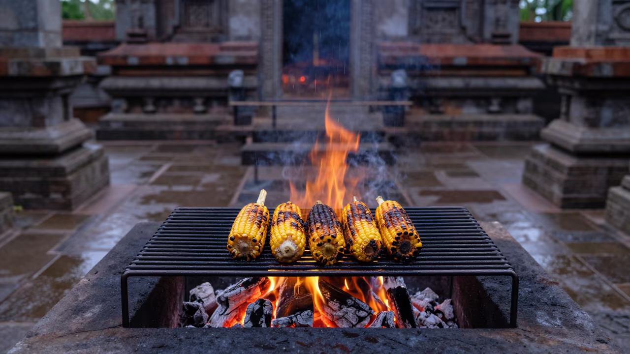 Grilled Corn Over Coals in Sintra Temple Courtyard in in a temple courtyard in Sintra