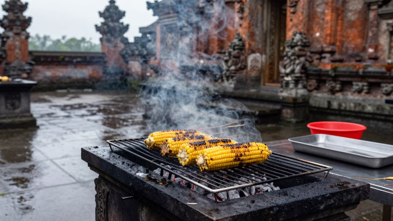Grilled Corn Ears at Dalian Temple Courtyard in in a temple courtyard in Dalian