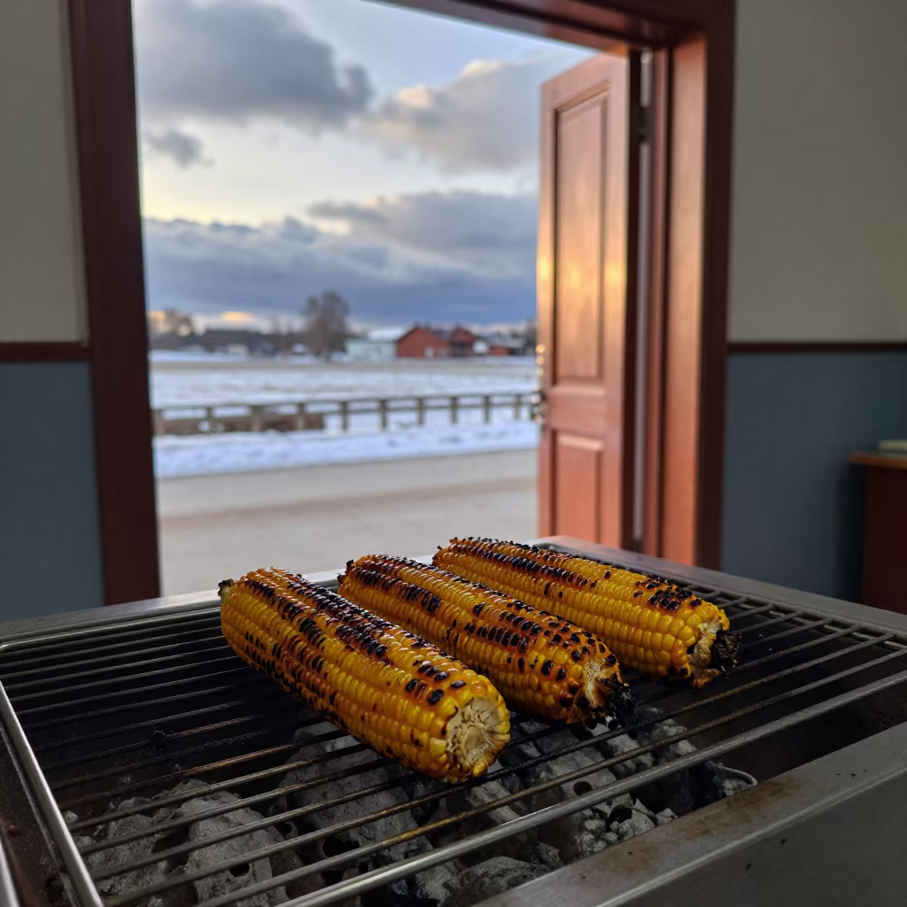 Grilled Corn Ears Blackened Over Coals in in a prayer hall near Murino