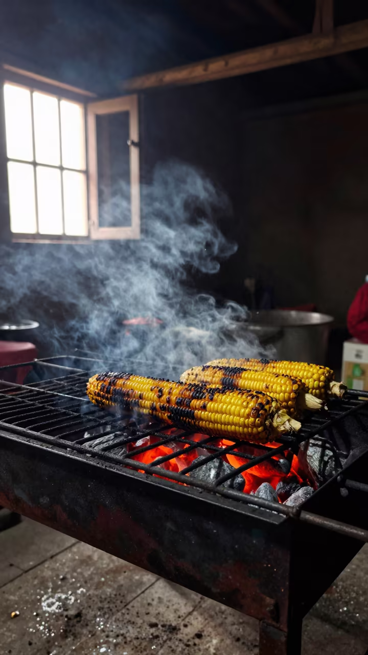 Grilled Corn Ears Blackened Over Coals Night Market in in a ceremonial hall near Gulshan, Dhaka