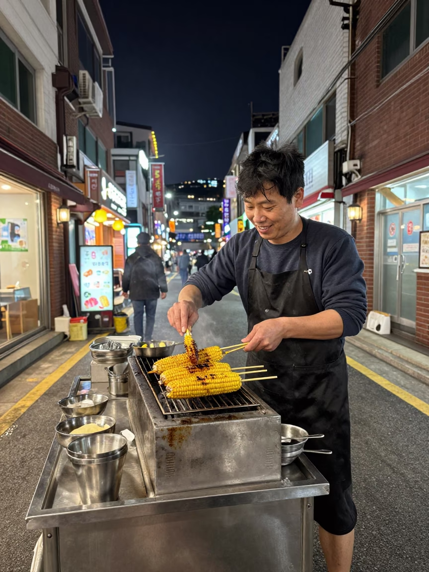 Grilled Corn in Seoul at The Deepest Night Sky Light in in Seoul, South Korea