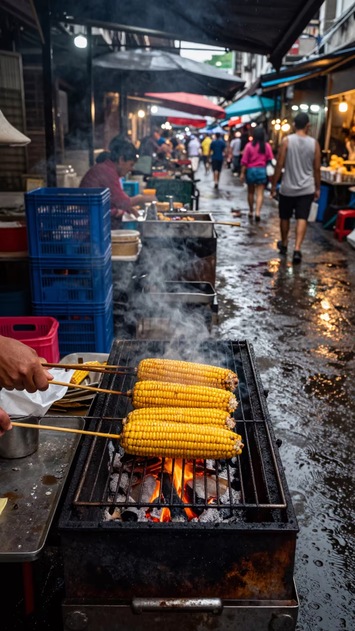 Grilled Corn Vendor in Quezon City Bazaar in in a covered bazaar aisle in Quezon City