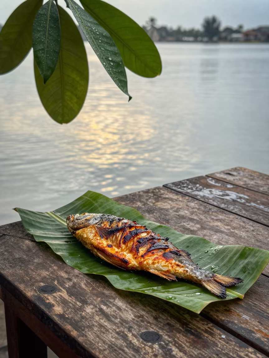 Grilled Fish on Banana Leaf Dar es Salaam in on a weathered outdoor table near Dar es Salaam