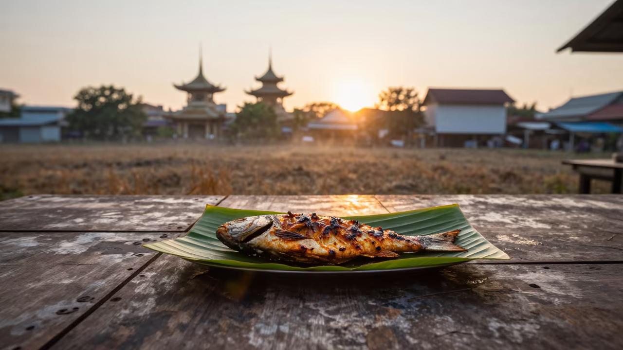 Grilled Fish on Banana Leaf Sunset Bangkok in on a weathered outdoor table near Chinatown, Bangkok