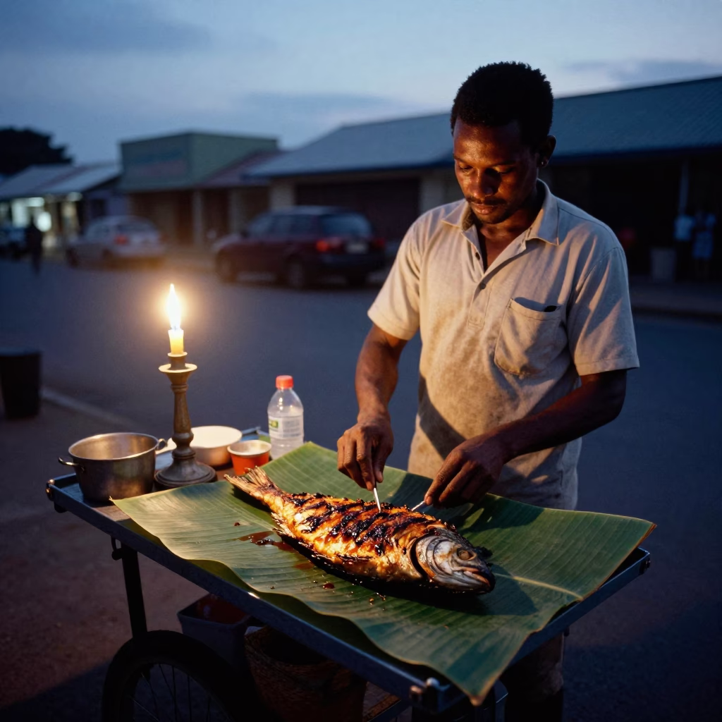 Grilled Fish in Durban at The Predawn Darkness Light in in Durban, South Africa