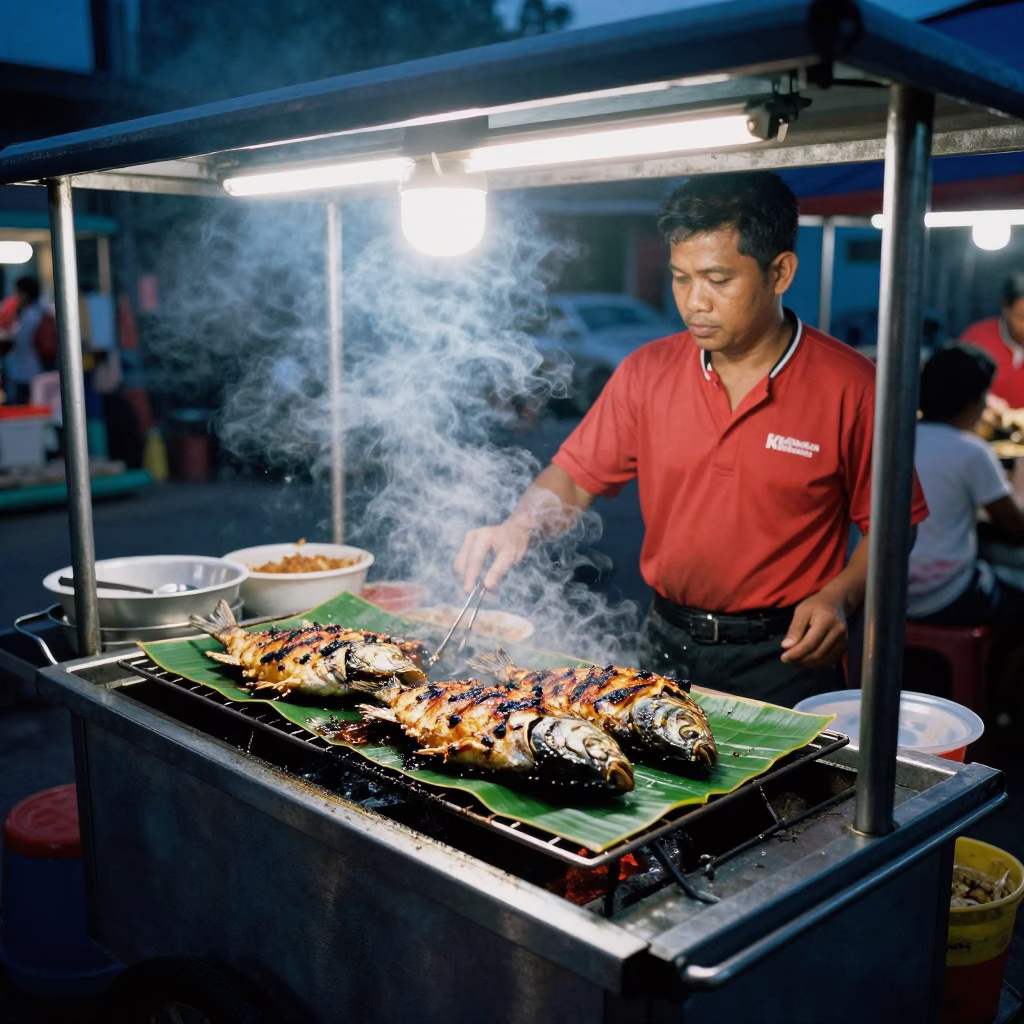 Grilled Fish in Kuala Lumpur at The Still Hours Before Dawn Light in in Kuala Lumpur, Malaysia