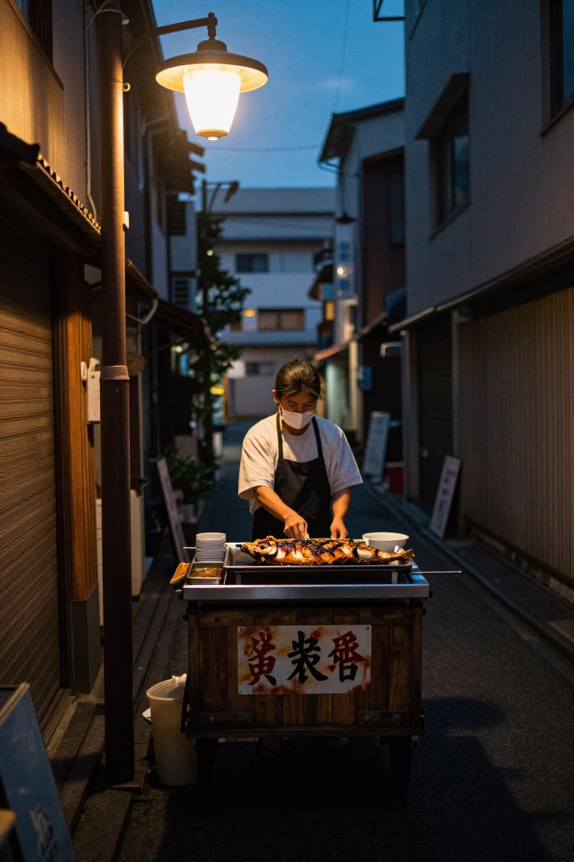 Grilled Fish in Tokyo at The Predawn Darkness Light in in Tokyo, Japan