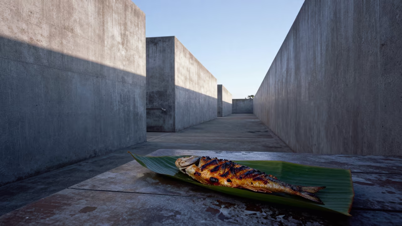 Grilled Fish on Leaf in Predawn Corridor in on a weathered outdoor table near Salvador