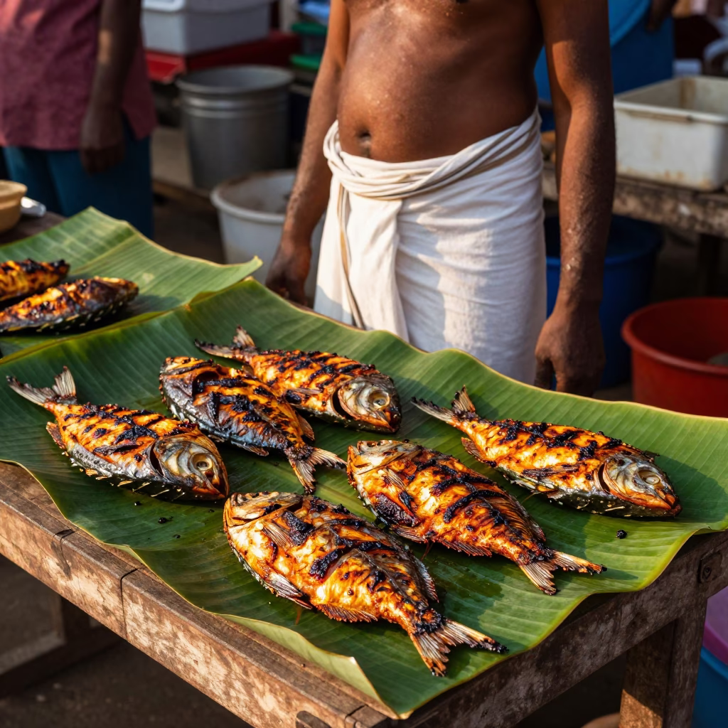 Grilled Fish on Banana Leaf at Kochi Fish Market Late Morning in in Kochi, India