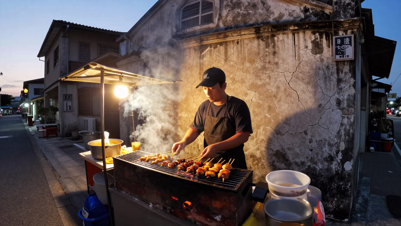 Grilled Food in Kaohsiung at Honeyed Evening Light in in Kaohsiung, Taiwan