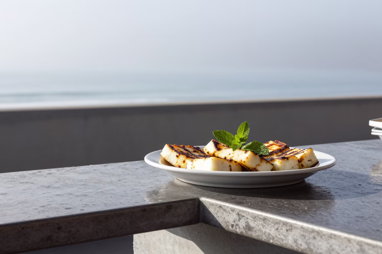 Grilled Halloumi with Mint on Market Counter in at a fish market counter near La Victoria