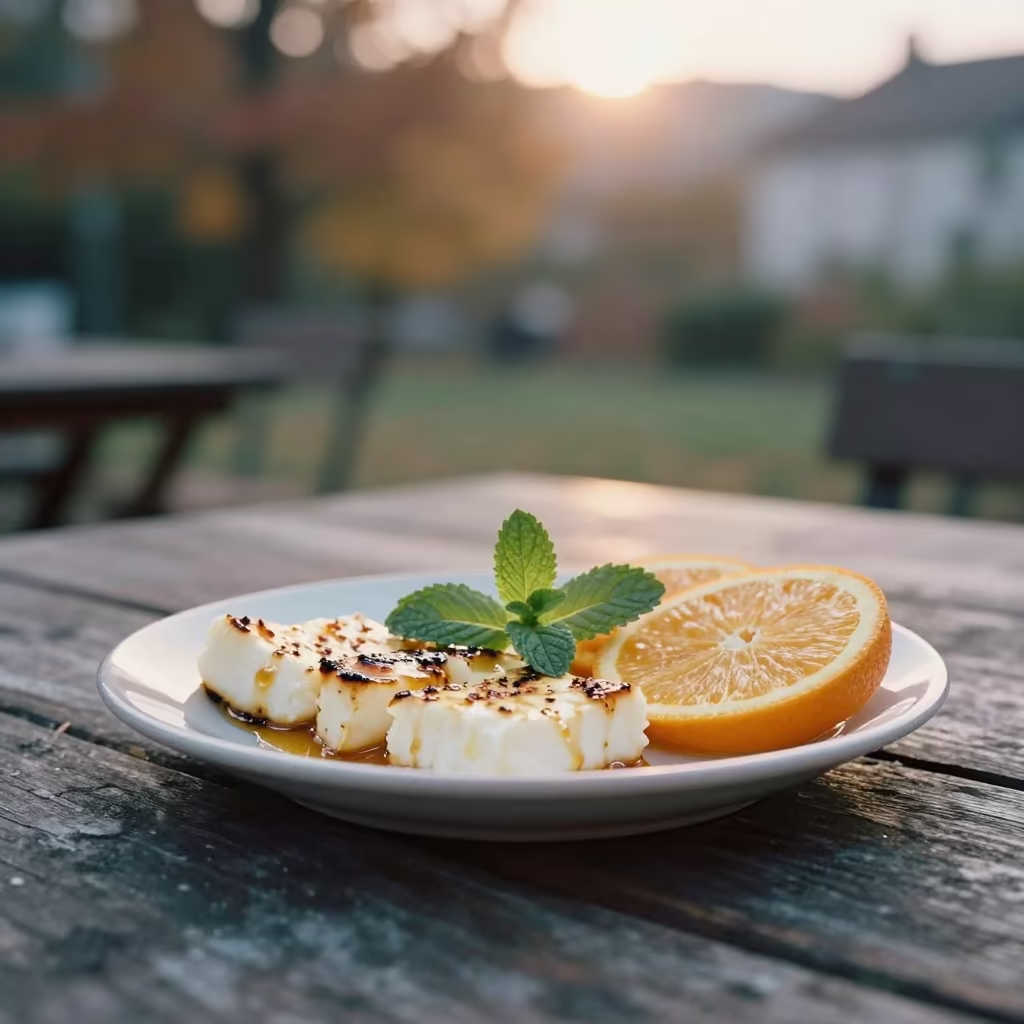 Grilled Halloumi with Mint on Outdoor Table in on a weathered outdoor table near Guiyang