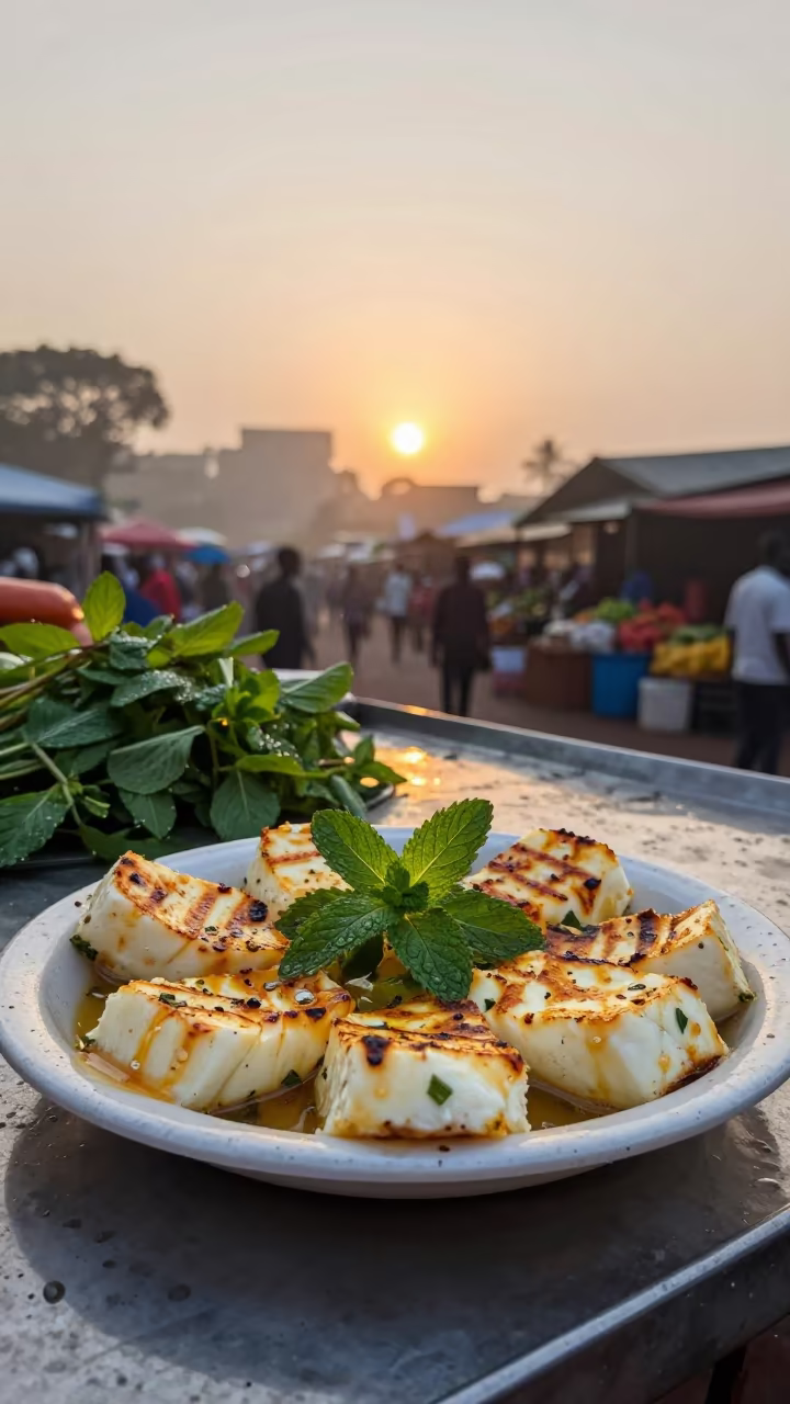 Grilled Halloumi Mint Plate Fish Market Kumasi in at a fish market counter near Kumasi