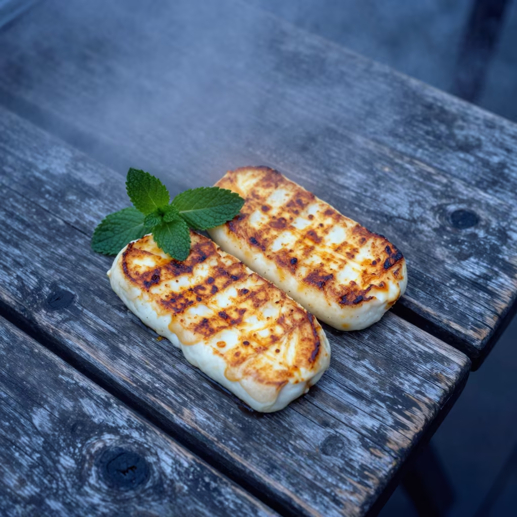 Grilled Halloumi with Mint on Weathered Table in on a weathered outdoor table near Schaerbeek, Brussels