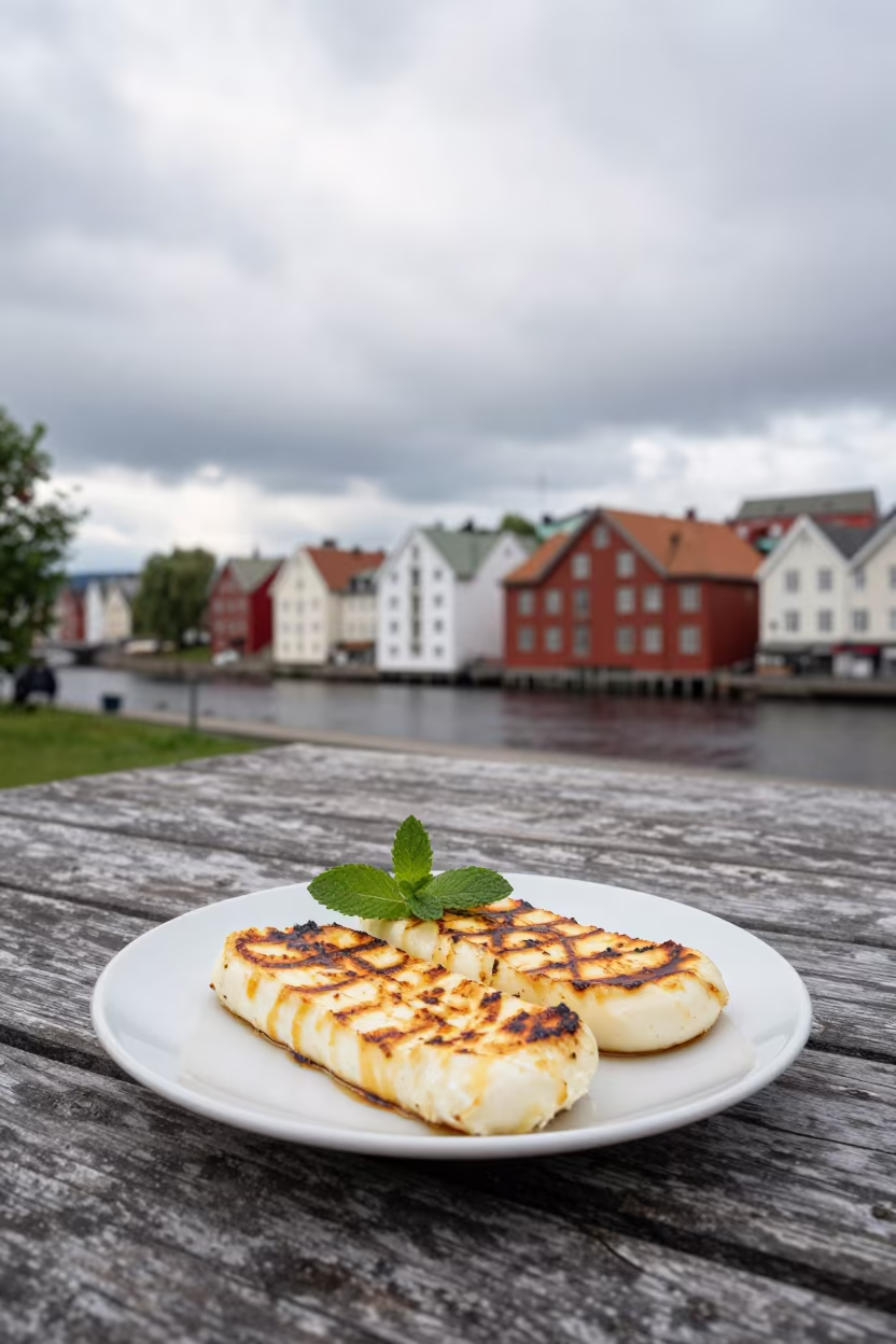 Grilled Halloumi with Mint on Weathered Table in on a weathered outdoor table near Trondheim