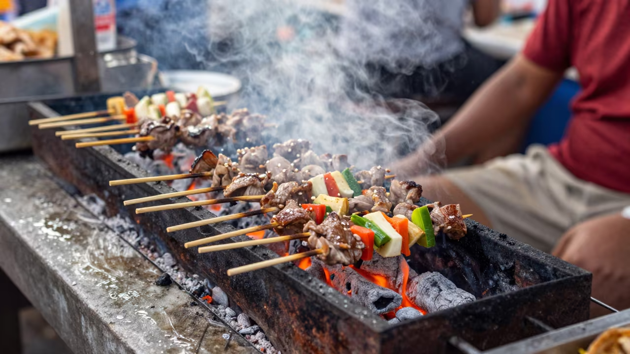 Grilled Kebab Over Coals at Palembang Market in at a fish market counter near Palembang