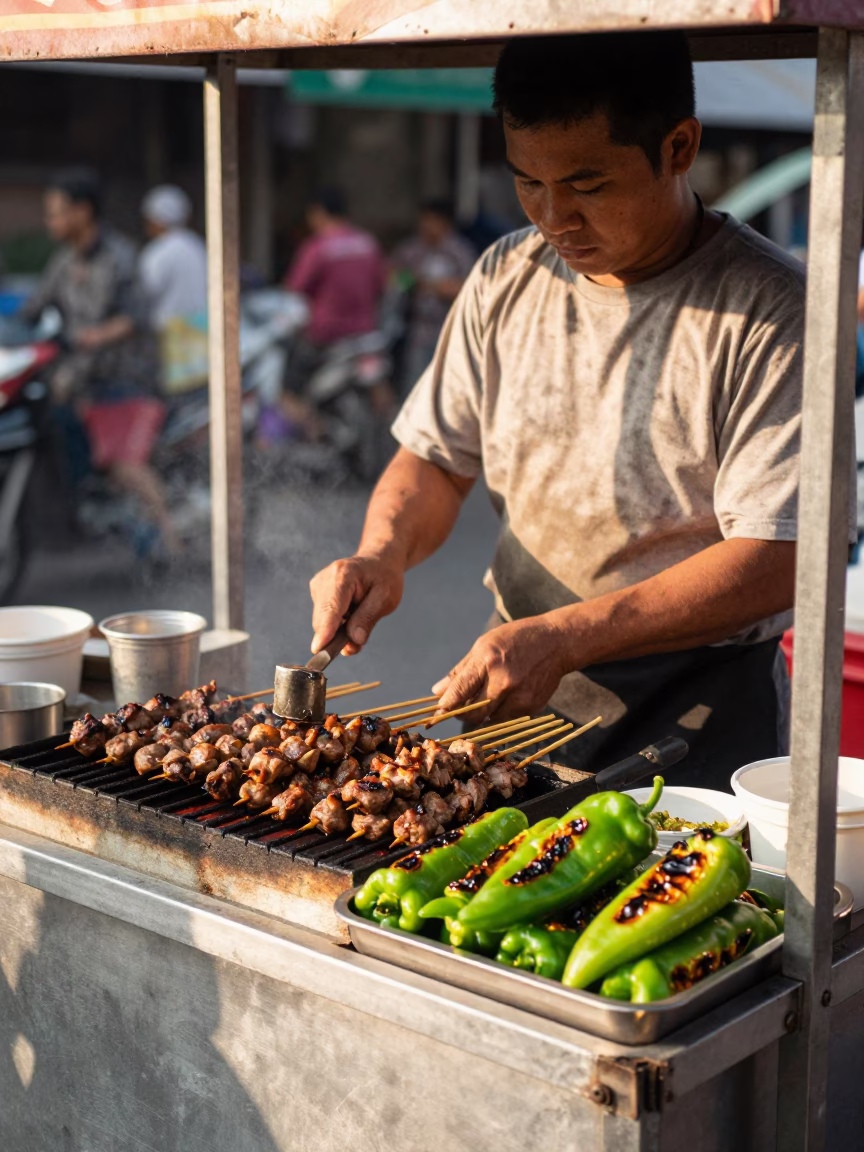 Grilled Kofte in Bangkok at Clear Late-afternoon Light in in Bangkok, Thailand