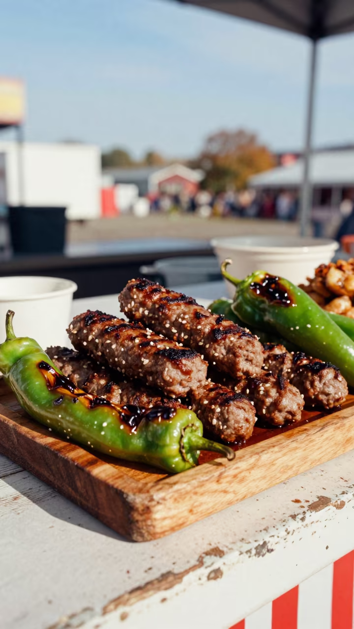 Grilled Kofte and Peppers at Burlington Fish Market in at a fish market counter near Burlington