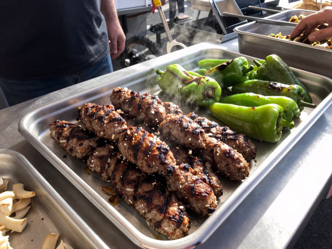 Grilled Kofte and Peppers on Market Counter in at a fish market counter near Denver