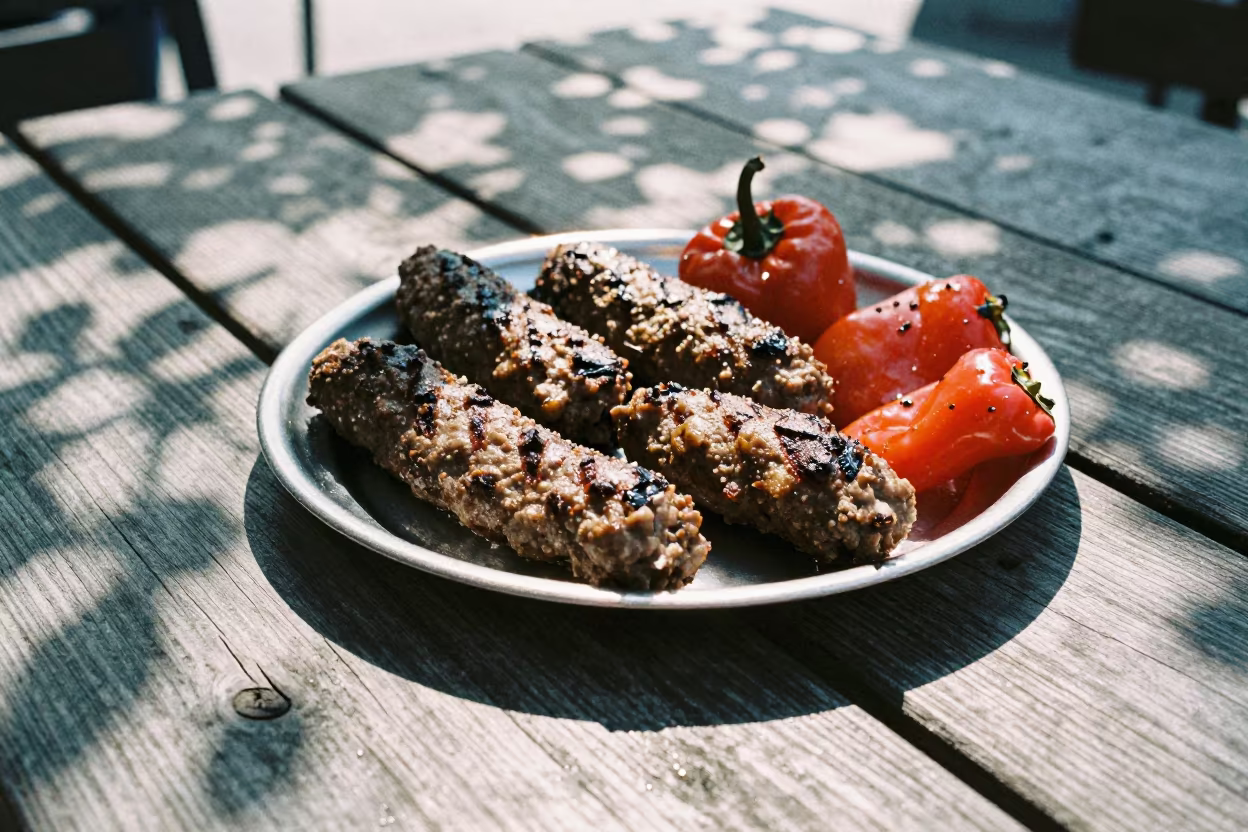 Grilled Kofte and Peppers on Weathered Table in on a weathered outdoor table near Altona, Hamburg