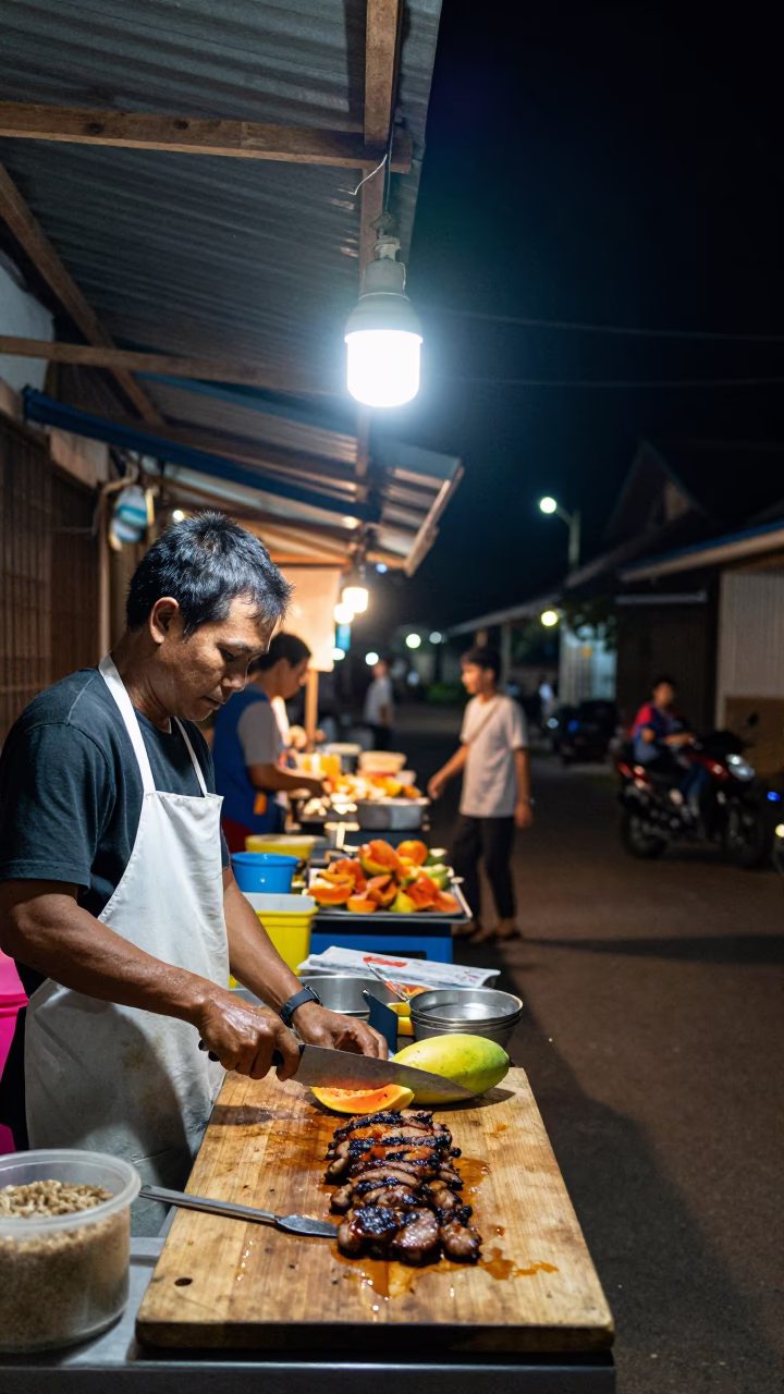 Grilled Meat at Deep In The Night Light in Luang Prabang in in Luang Prabang, Laos
