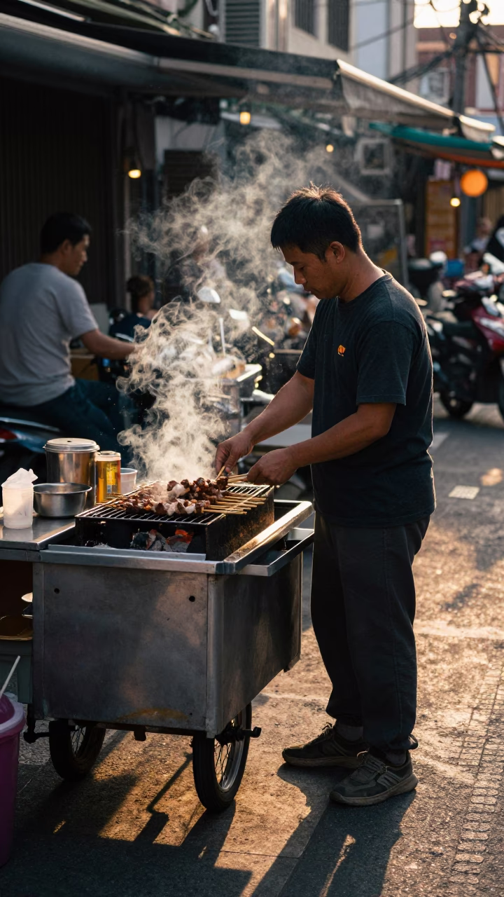Grilled Meats in Tainan at Sunset Light in in Tainan, Taiwan