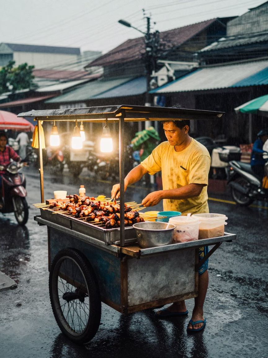 Grilled Pork in Bangkok at First Light in in Bangkok, Thailand