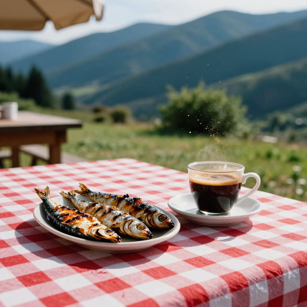 Grilled Sardines and Espresso on Picnic Cloth in on a weathered outdoor table near Lira