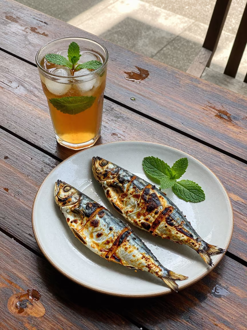 Grilled Sardines and Mint Tea on Gloucester Table in on a weathered outdoor table near Gloucester