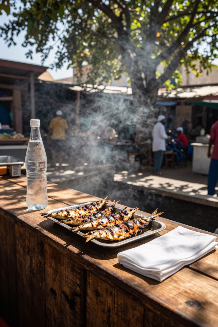 Grilled Sardines Sparkling Water Bar Top in at a fish market counter near Mogadishu