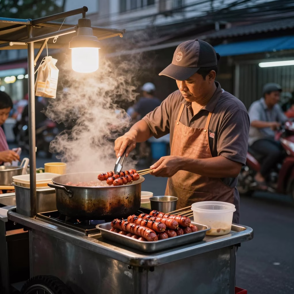 Grilled Sausages at Copper-toned Light Before Dusk in Bangkok in in Bangkok, Thailand
