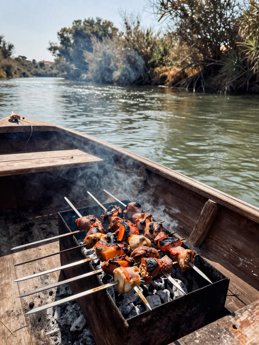 Grilled Skewers on Charcoal Boat at Balearic River Market in in the Balearic Islands