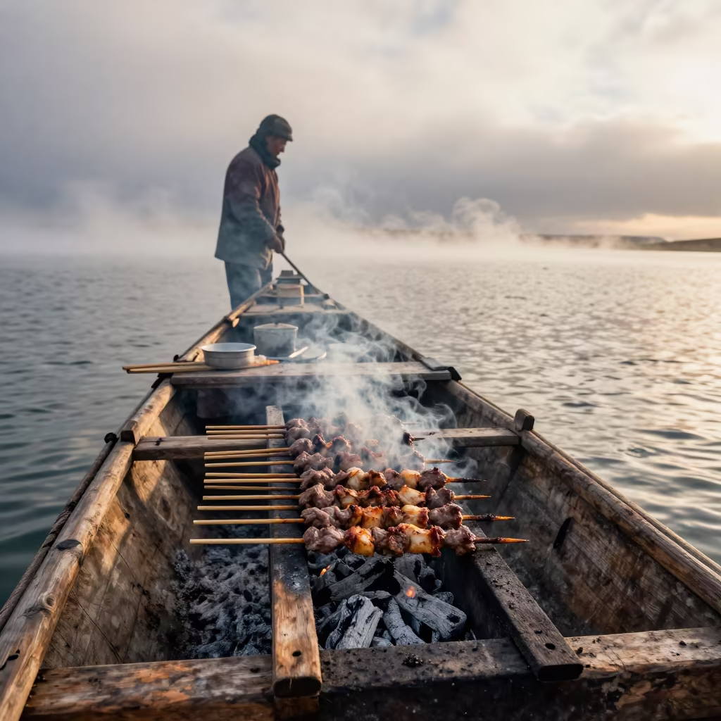 Grilled Skewers on Charcoal Boat at Foggy Harbor in beside a fogbound harbor mouth in Mongolia