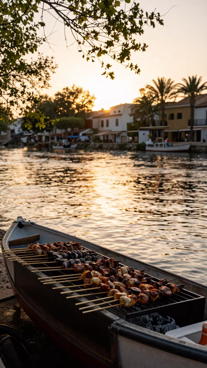 Grilled Skewers Silhouetted on Balearic Boat in in the Balearic Islands