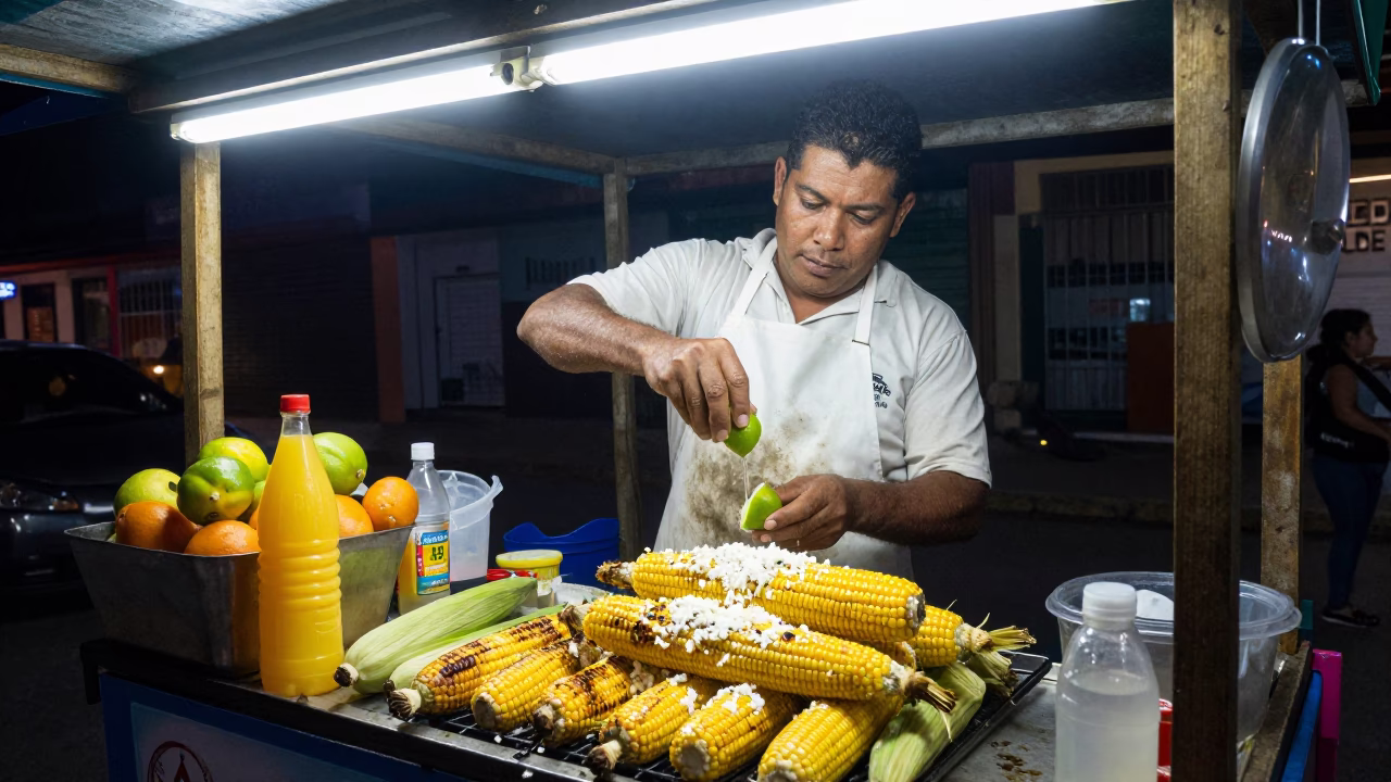Grilling Elote in Medellin at Late At Night Light in in Medellin, Colombia