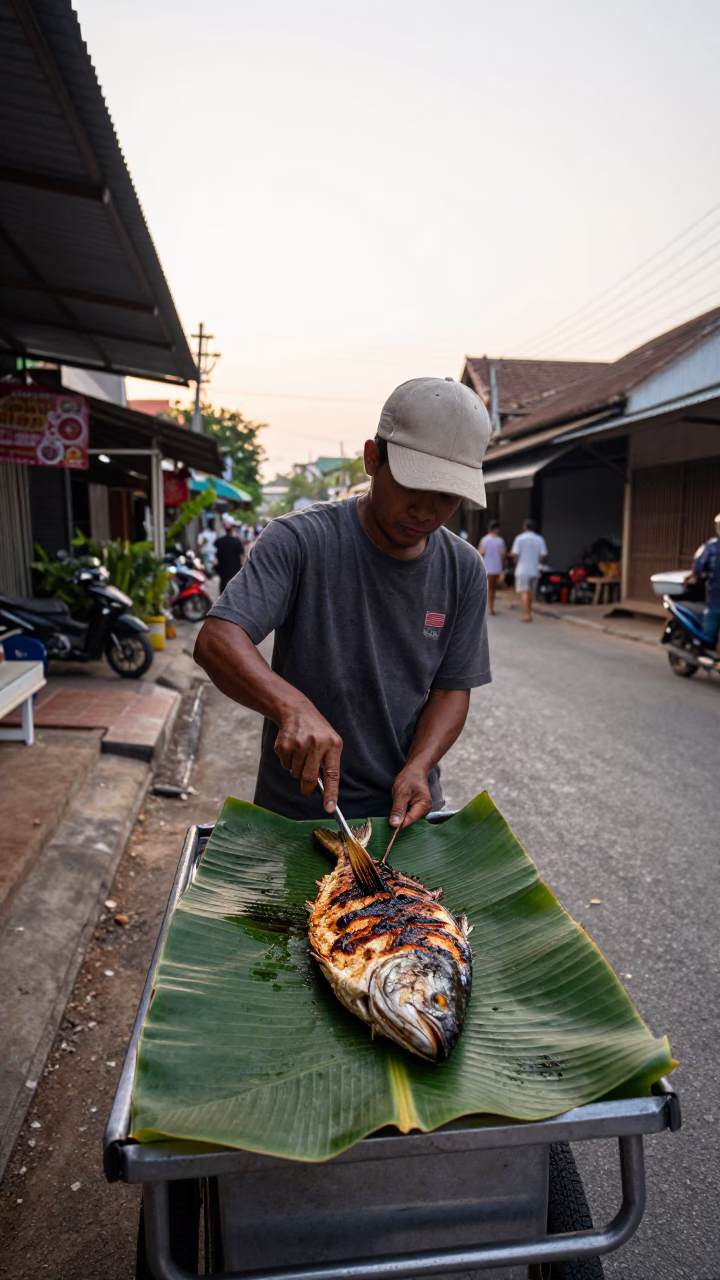 Grilling Fish at The Late Afternoon Light in Chiang Mai in in Chiang Mai, Thailand