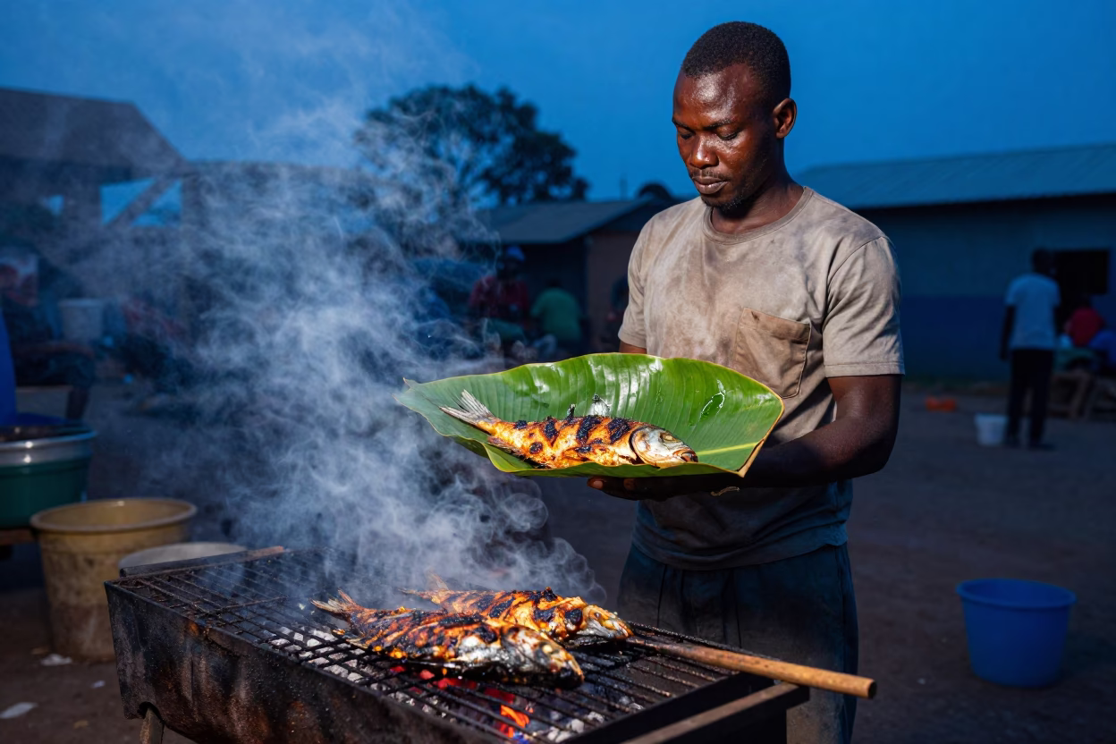 Grilling Fish in Accra at Blue Hour in in Accra, Ghana