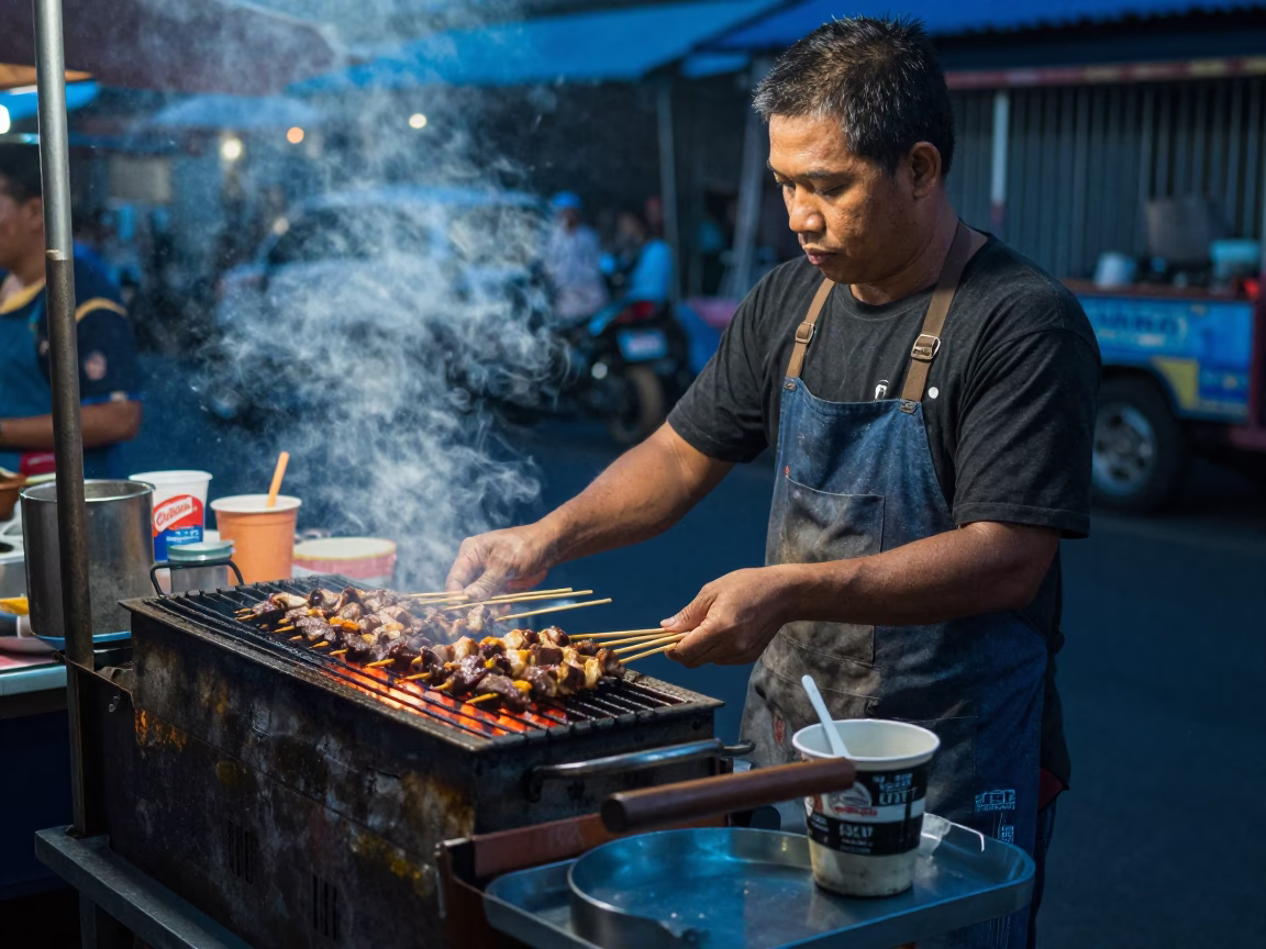 Grilling Kebabs in Bangkok at The Last Blue Light Of Evening in in Bangkok, Thailand