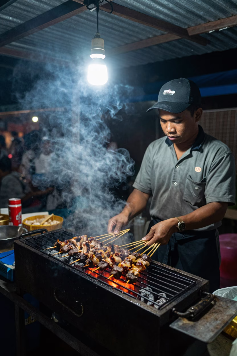 Grilling Kebabs in Chiang Mai at Deep In The Night Light in in Chiang Mai, Thailand