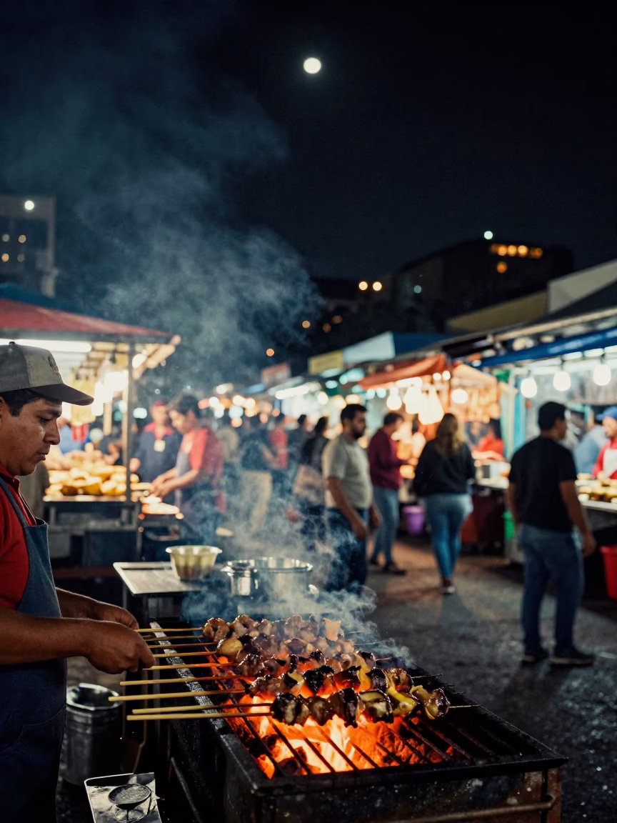 Grilling Kebabs in Mexico City at The Deepest Night Sky Light in in Mexico City, Mexico