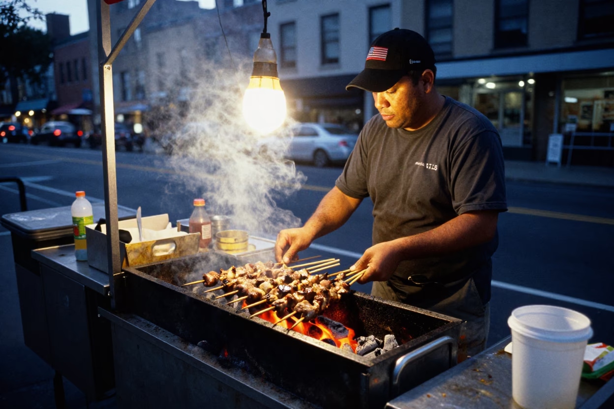 Grilling Kebabs in New York at The Early Evening Light in in New York, New York, United States