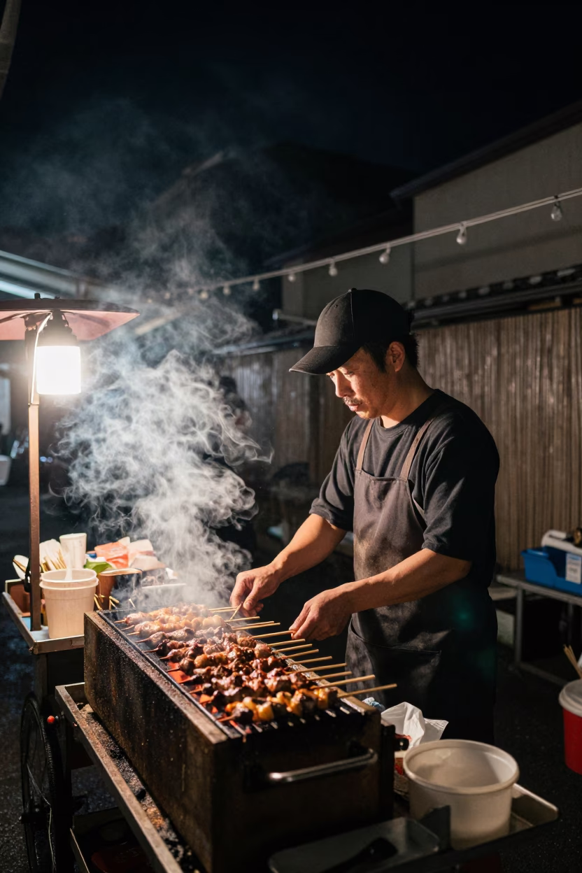 Grilling Kebabs in Osaka at The Deepest Night Sky Light in in Osaka, Japan