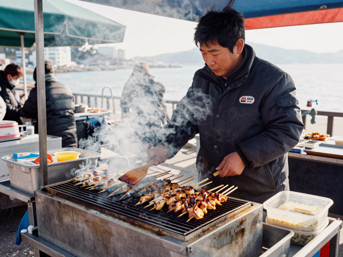Grilling Mackerel in Busan in in Busan, South Korea
