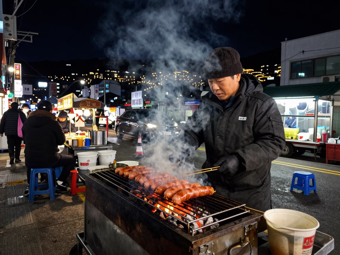 Grilling Sausages in Busan at The Deepest Night Sky Light in in Busan, South Korea