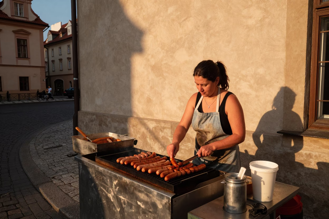 Grilling Sausages in Prague in in Prague, Czech Republic