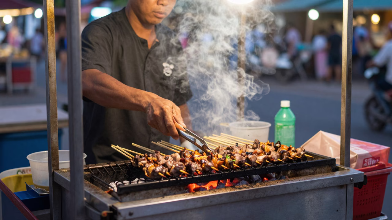 Grilling Skewers in Chiang Mai in in Chiang Mai, Thailand